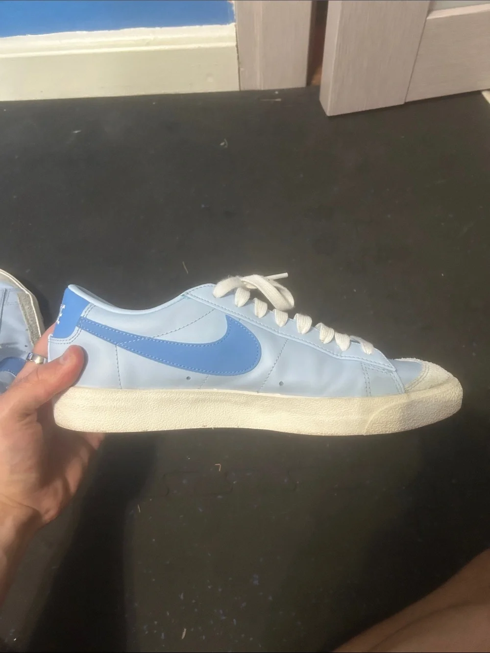 Nike Light Blue and White Low-Top Sneakers with Blue Swoosh